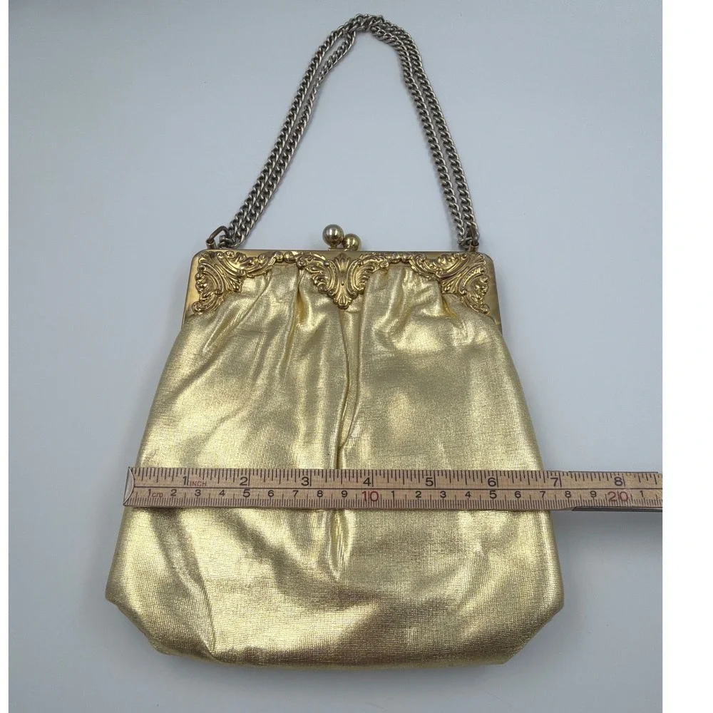 Vintage Gold Satin Evening Bag Ornate Frame Chain Strap‎ Clutch w/ Coin Bag